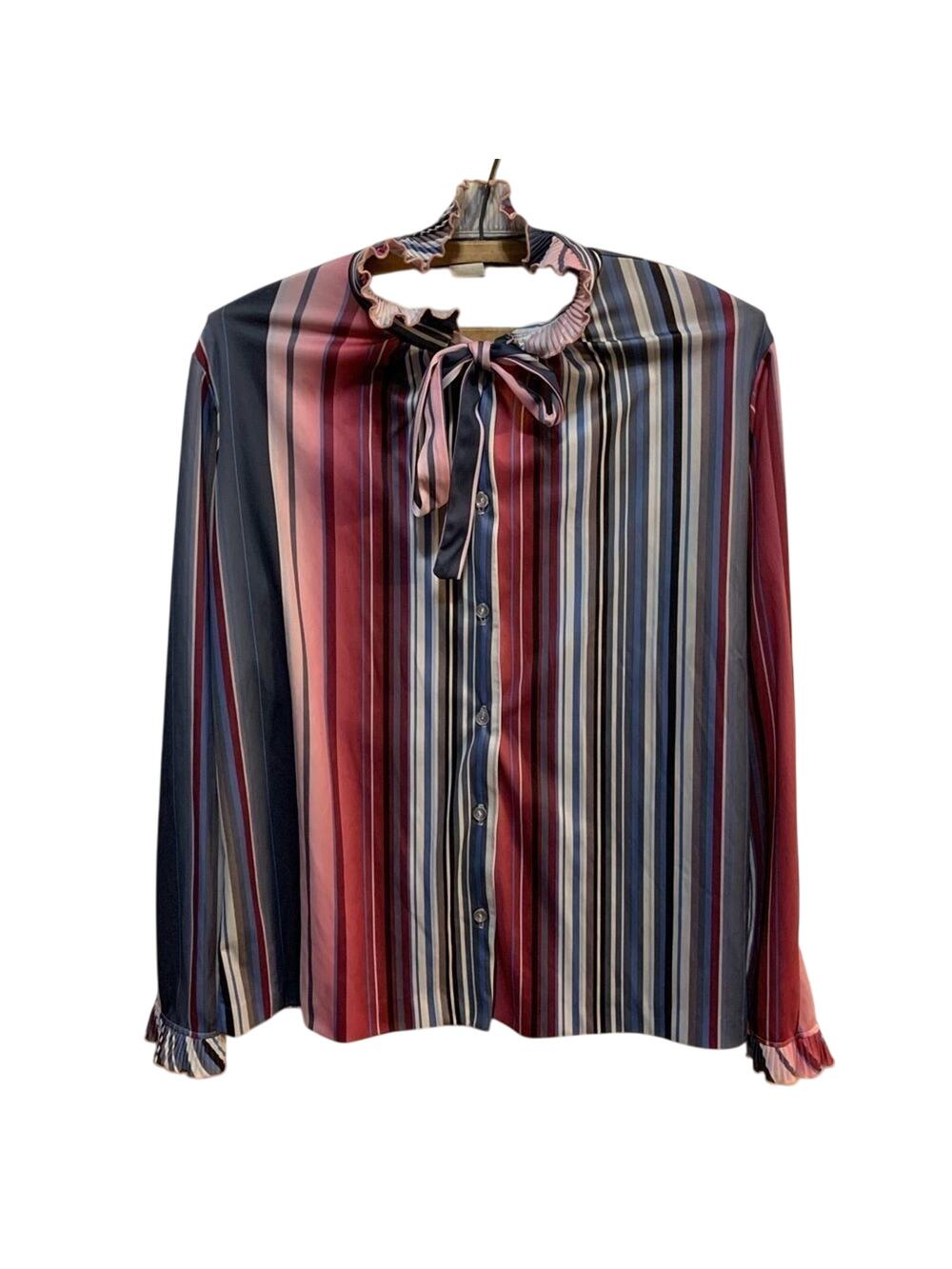 Vintage vertically striped blouse 80s shirt ruffle neck / cuffs Sz M made in USA